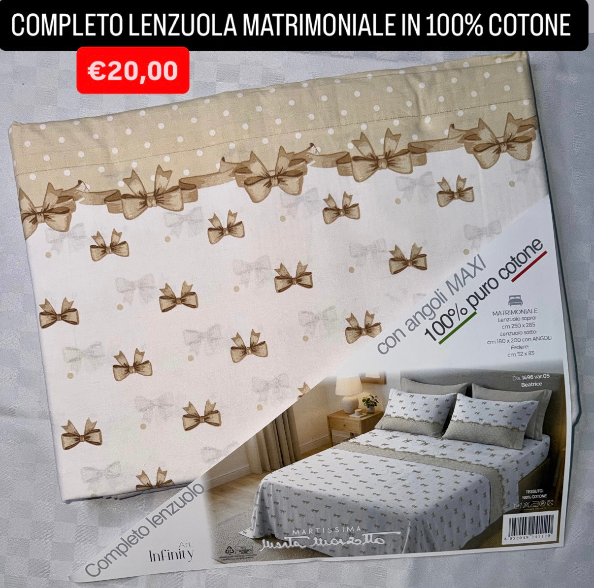 COMPLETO LENZUOLA MATRIMONIALE IN 100% COTONE , contiene Lenzuolo sopra, Lenzuolo sotto con angoli e due Federe