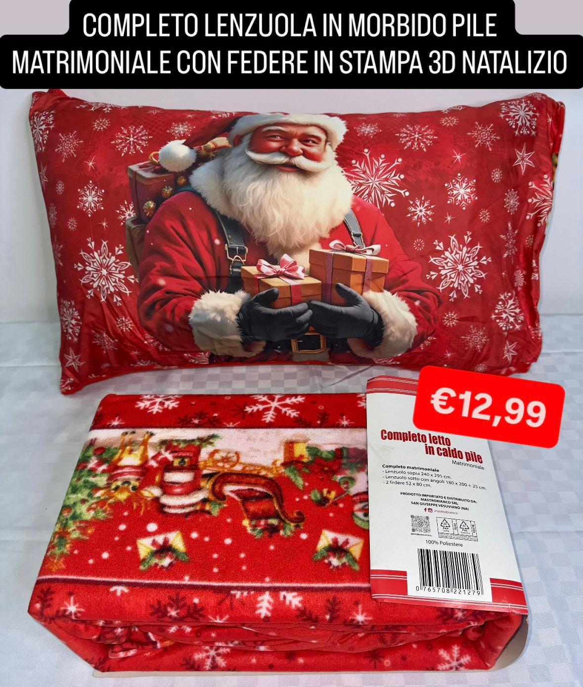 COMPLETO LENZUOLA MATRIMONIALE IN MORBIDO PILE CON STAMPA 3D contiene Lenzuolo sopra,Lenzuolo sotto con angoli e due federe