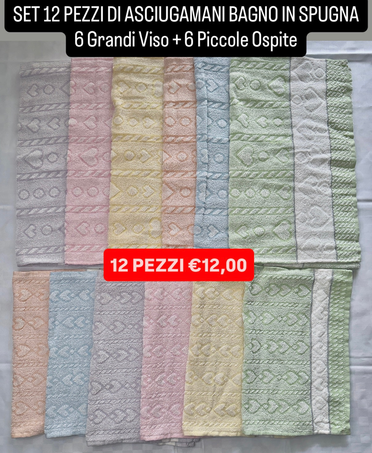 SET 12 PEZZI DI ASCIUGAMANI BAGNO IN SPUGNA contiene 6 Grandi Viso + 6 Piccole Ospite