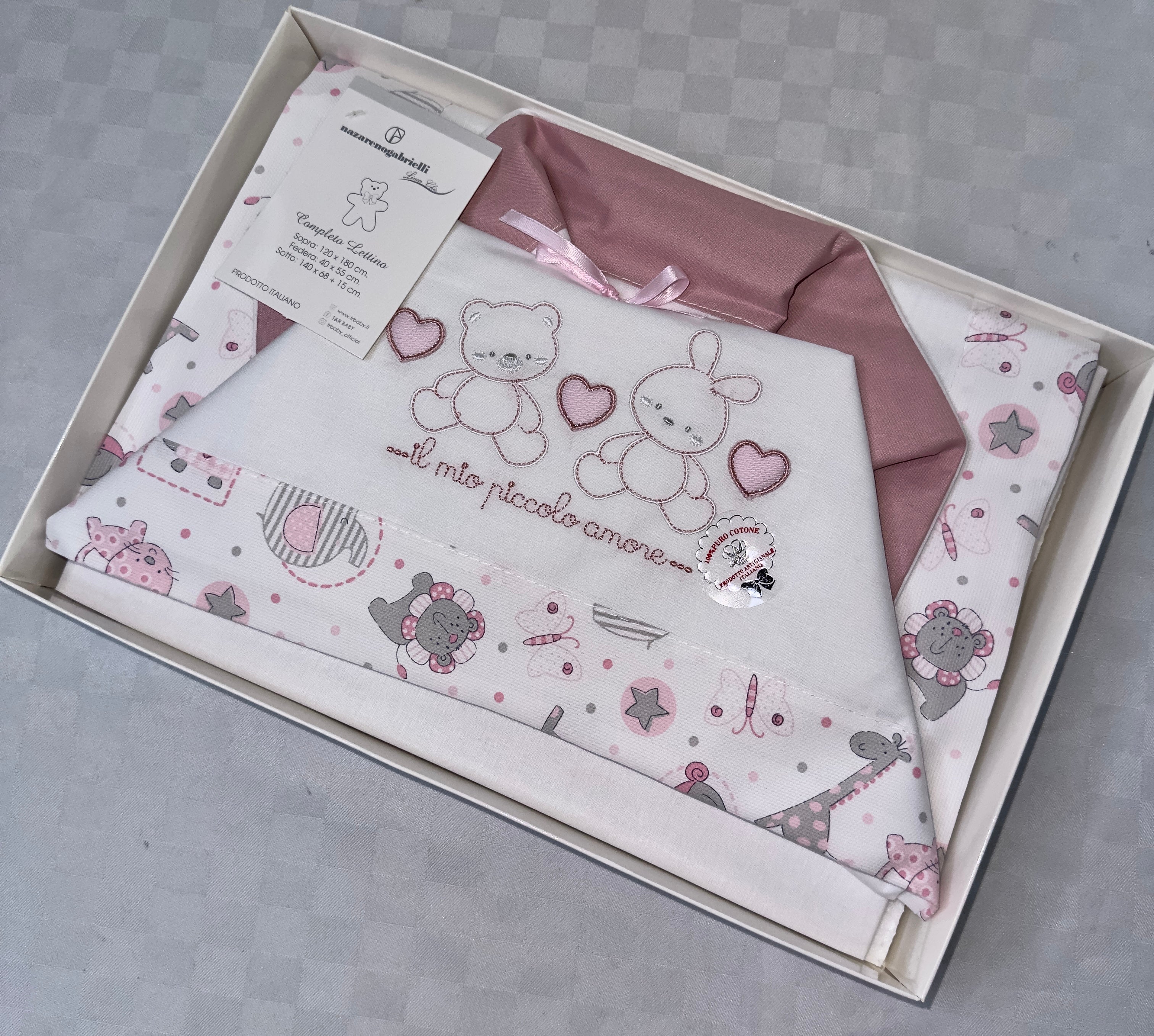 COMPOSE LENZUOLA NEONATO PER CULLA IN 100% COTONE Lenzuolo sopra 120x180cm , Lenzuolo sotto con angoli 140x70cm e Federa 40x55cm
