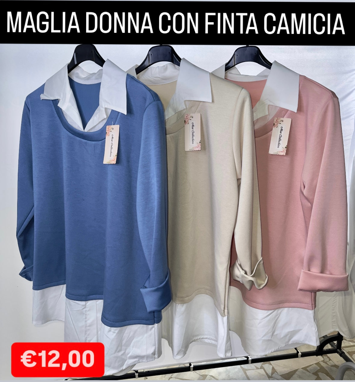 MAGLIA DONNA CON FINTA CAMICIA MODELLO OVER TAGLIA UNICA