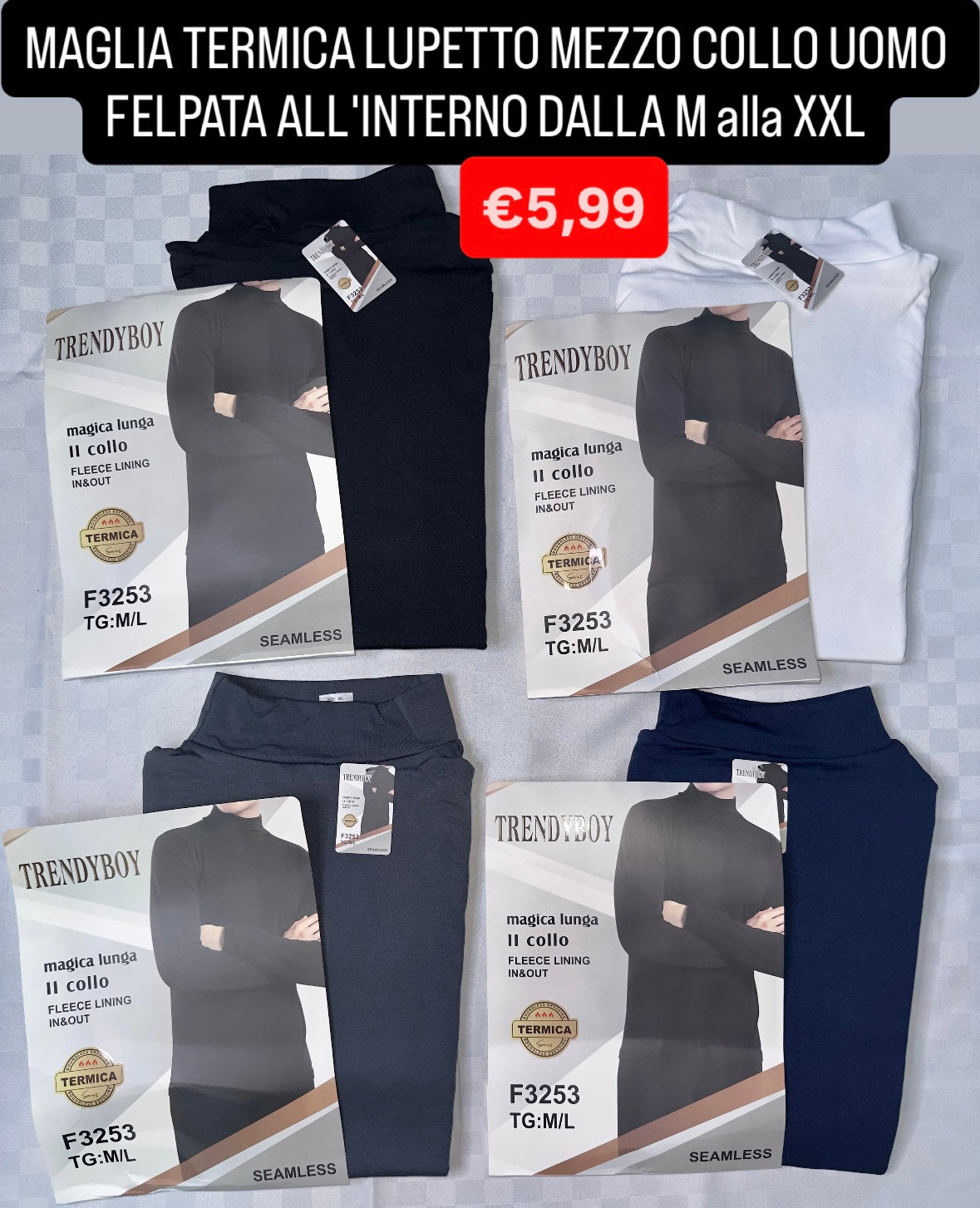 MAGLIA TERMICA UOMO LUPETTO MEZZO COLLO  MANICA LUNGA FELPATA ALL'INTERNO