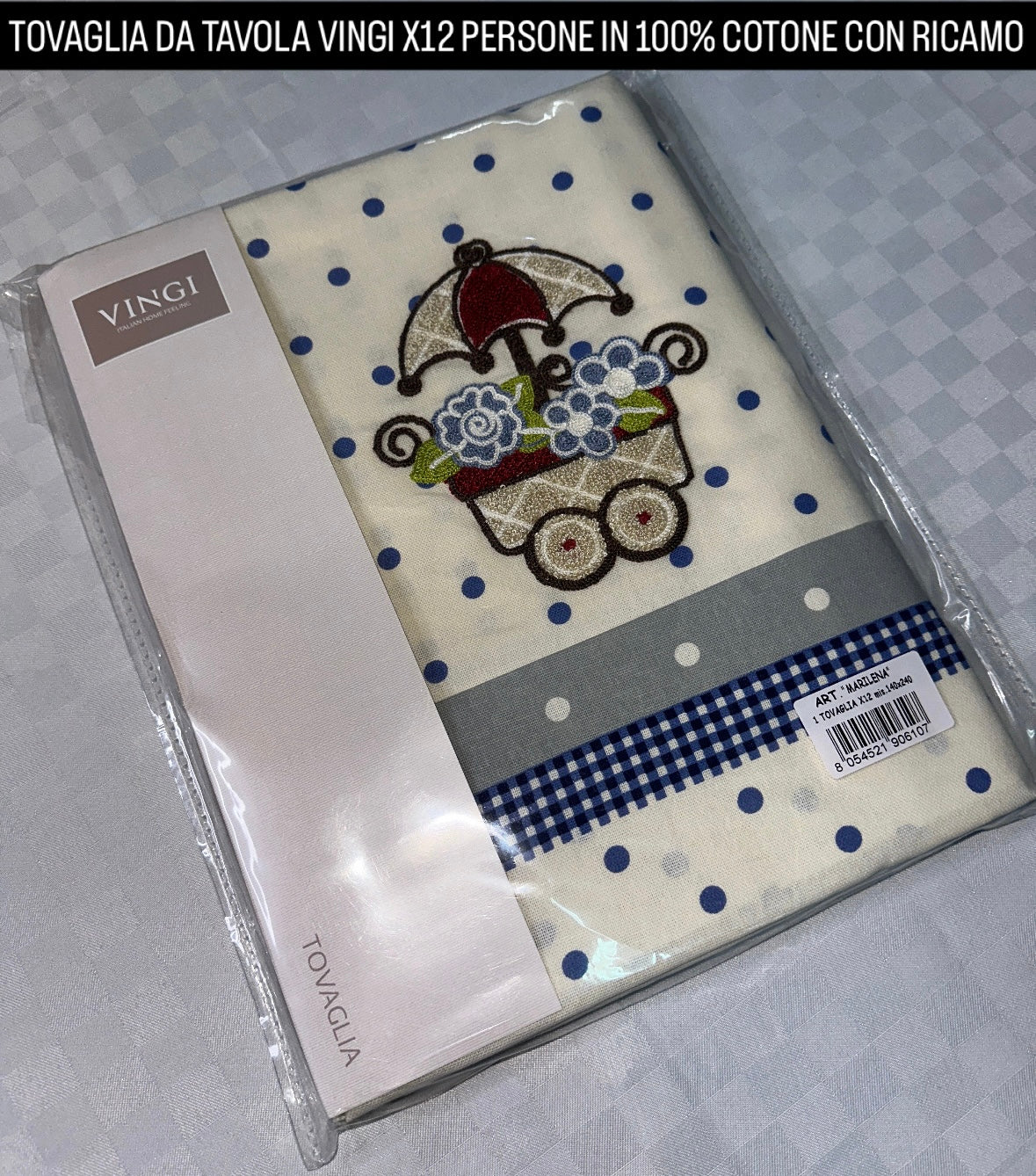 TOVAGLIA DA TAVOLA VINGI CON RICAMO X12 PERSONE (140x240cm) IN COTONE 100%