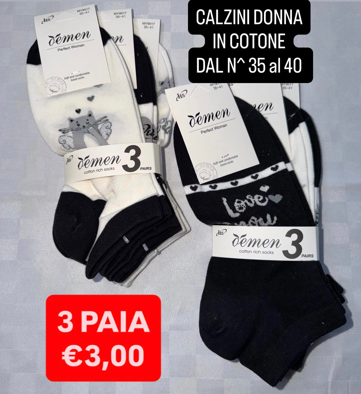 CALZINO DONNA IN COTONE CORTO Dal Numero 35 al 40,CONFEZIONE DA 3 PAIA (COLORE CASUALE)