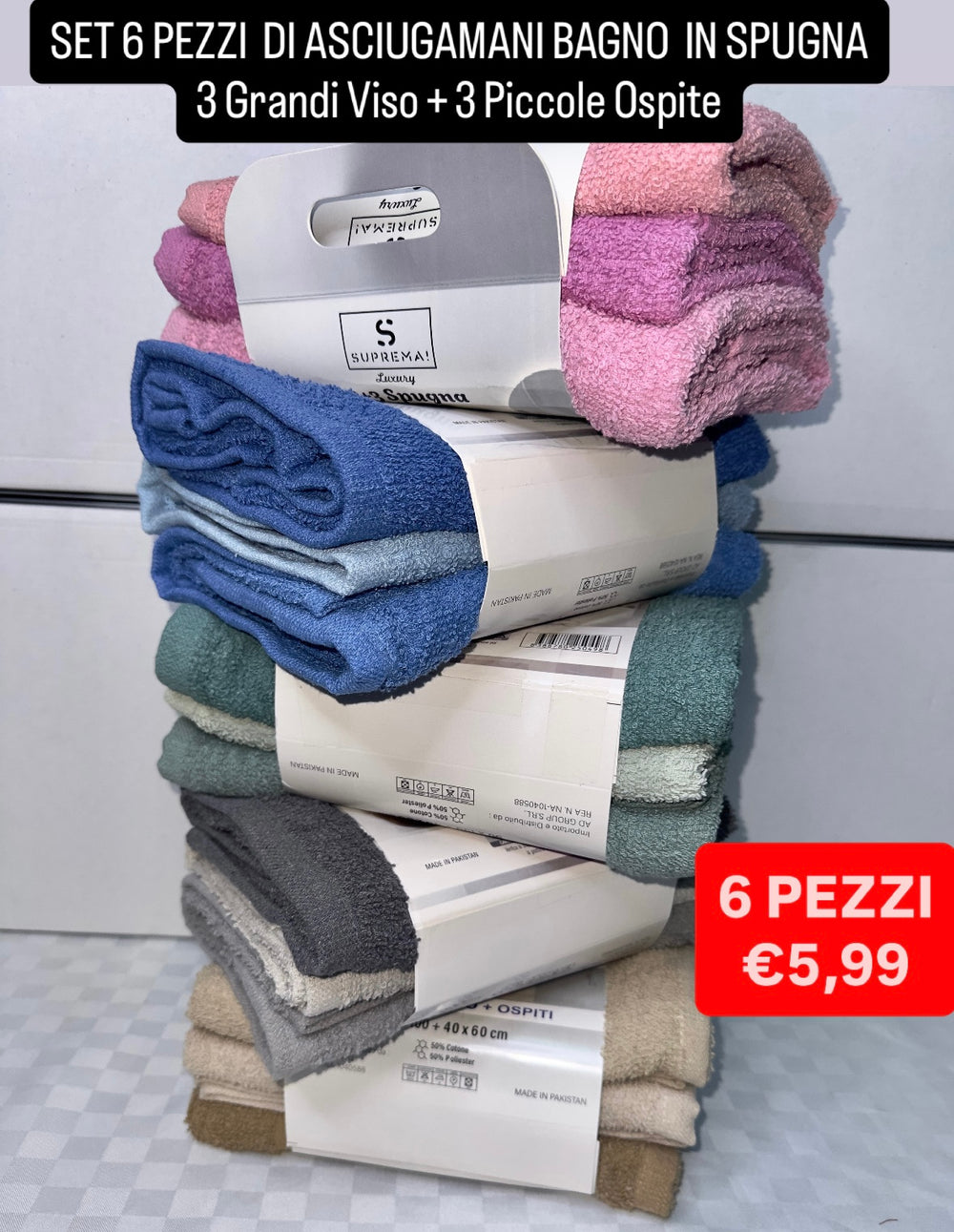 ASCIUGAMANI BAGNO SET DA 6 PEZZI IN SPUGNA contiene 3 Grandi Viso + 3 Piccole Ospite