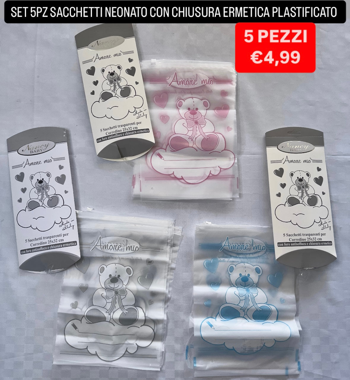 SACCHETTI NASCITA NEONATO SET DA 5 PEZZI CON CHIUSURA ERMETICA PLASTIFICATO