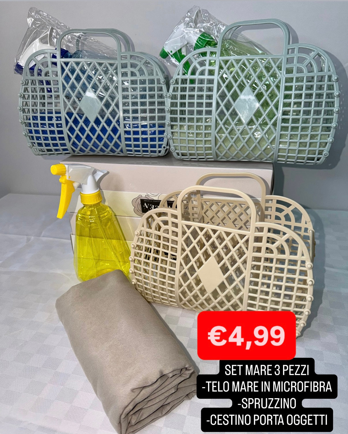 SET MARE 3 PEZZI contiene Telo mare in microfibra, Spruzzino, Cestino porta oggetti
