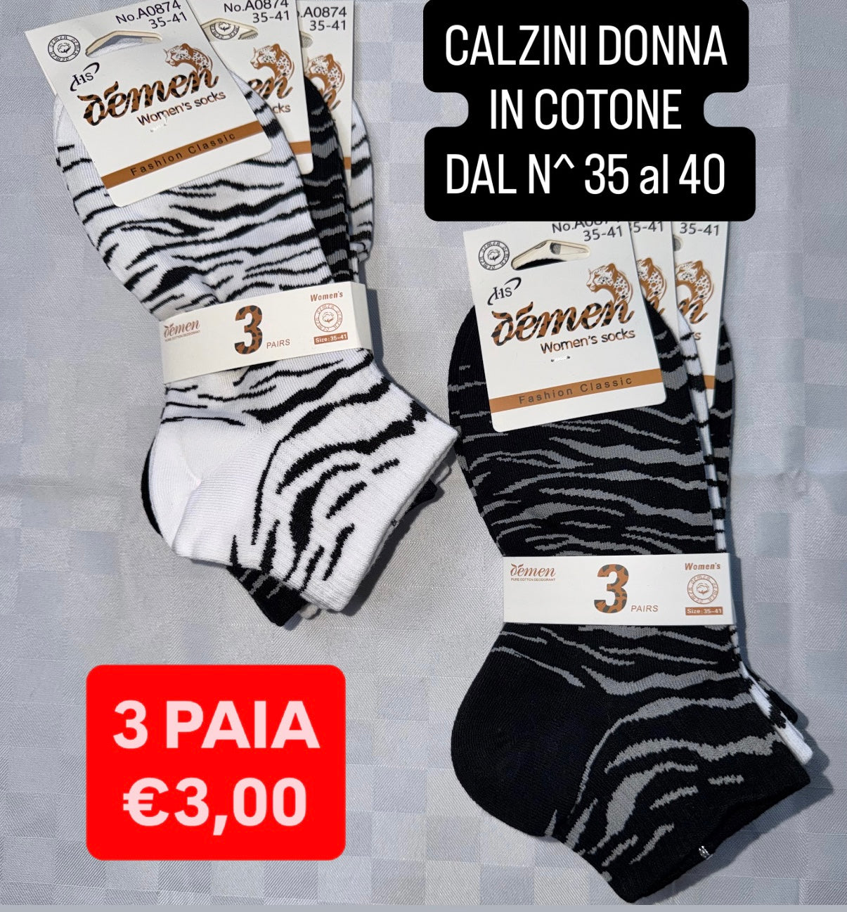 CALZINO DONNA IN COTONE CORTO Dal Numero 35 al 40,CONFEZIONE DA 3 PAIA (COLORE CASUALE)