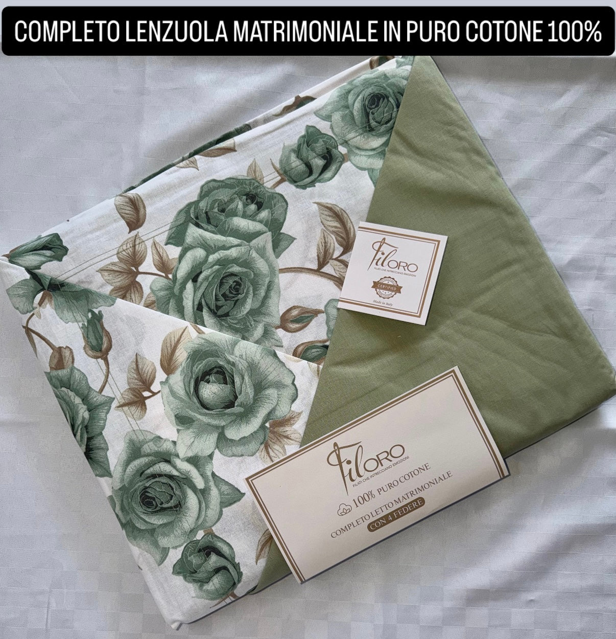 COMPLETO LENZUOLA MATRIMONIALE IN 100% PURO COTONE CON 4 FEDERE , contiene Lenzuolo sopra, Lenzuolo sotto con angoli e quattro Federe