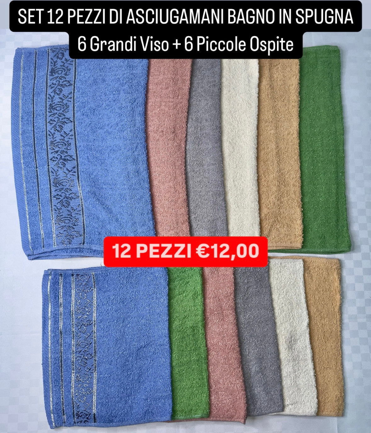 SET 12 PEZZI DI ASCIUGAMANI BAGNO IN SPUGNA 6 Grandi Viso + 6 Piccole Ospite