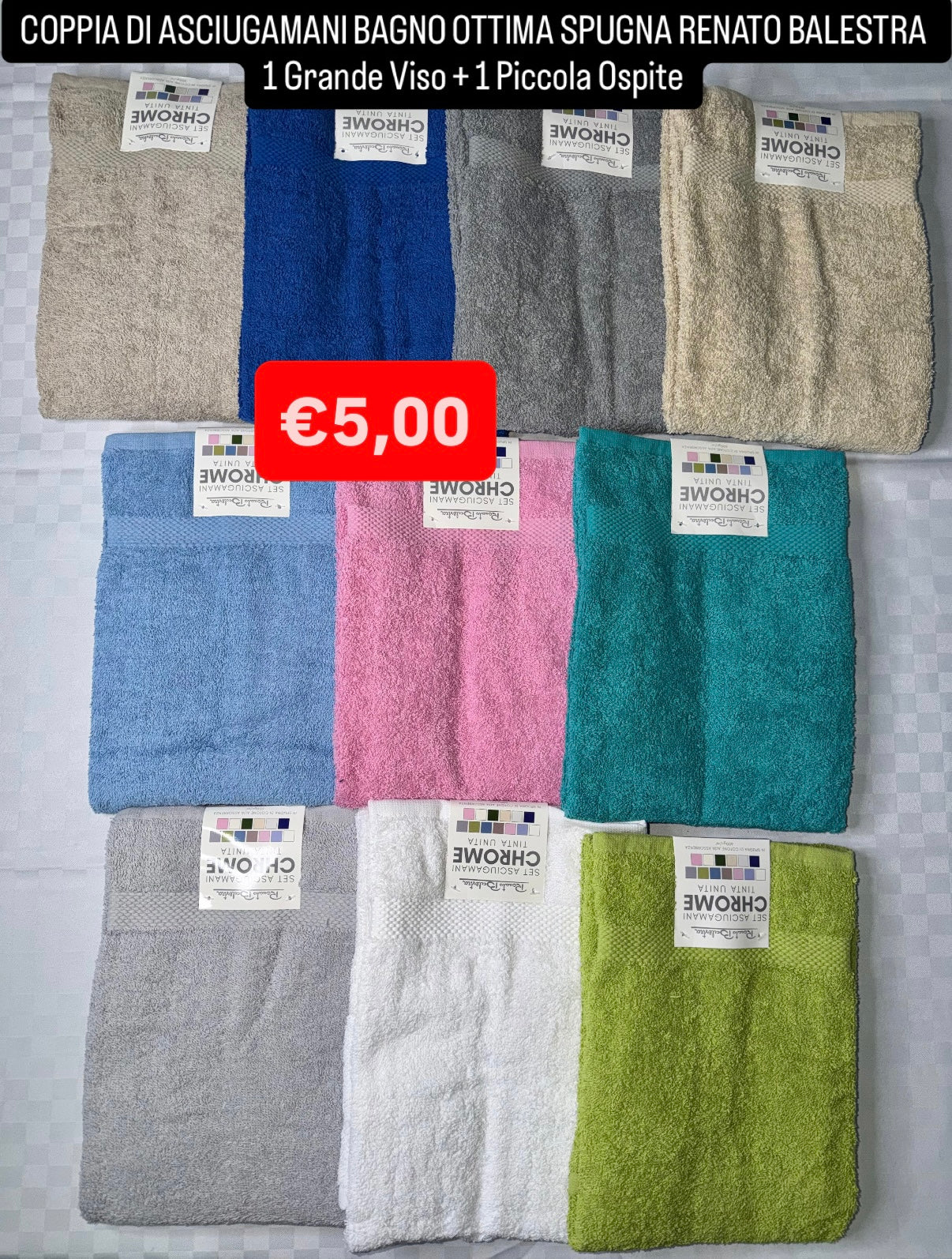 COPPIA DI ASCIUGAMANI IN OTTIMA SPUGNA 1 Grande Viso + 1 Piccola Ospite Renato Balestra