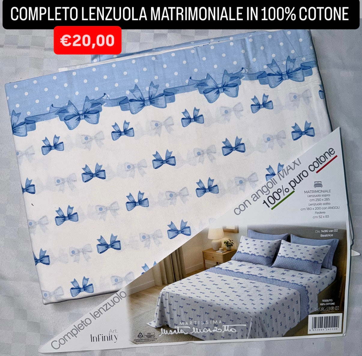 COMPLETO LENZUOLA MATRIMONIALE IN 100% COTONE , contiene Lenzuolo sopra, Lenzuolo sotto con angoli e due Federe