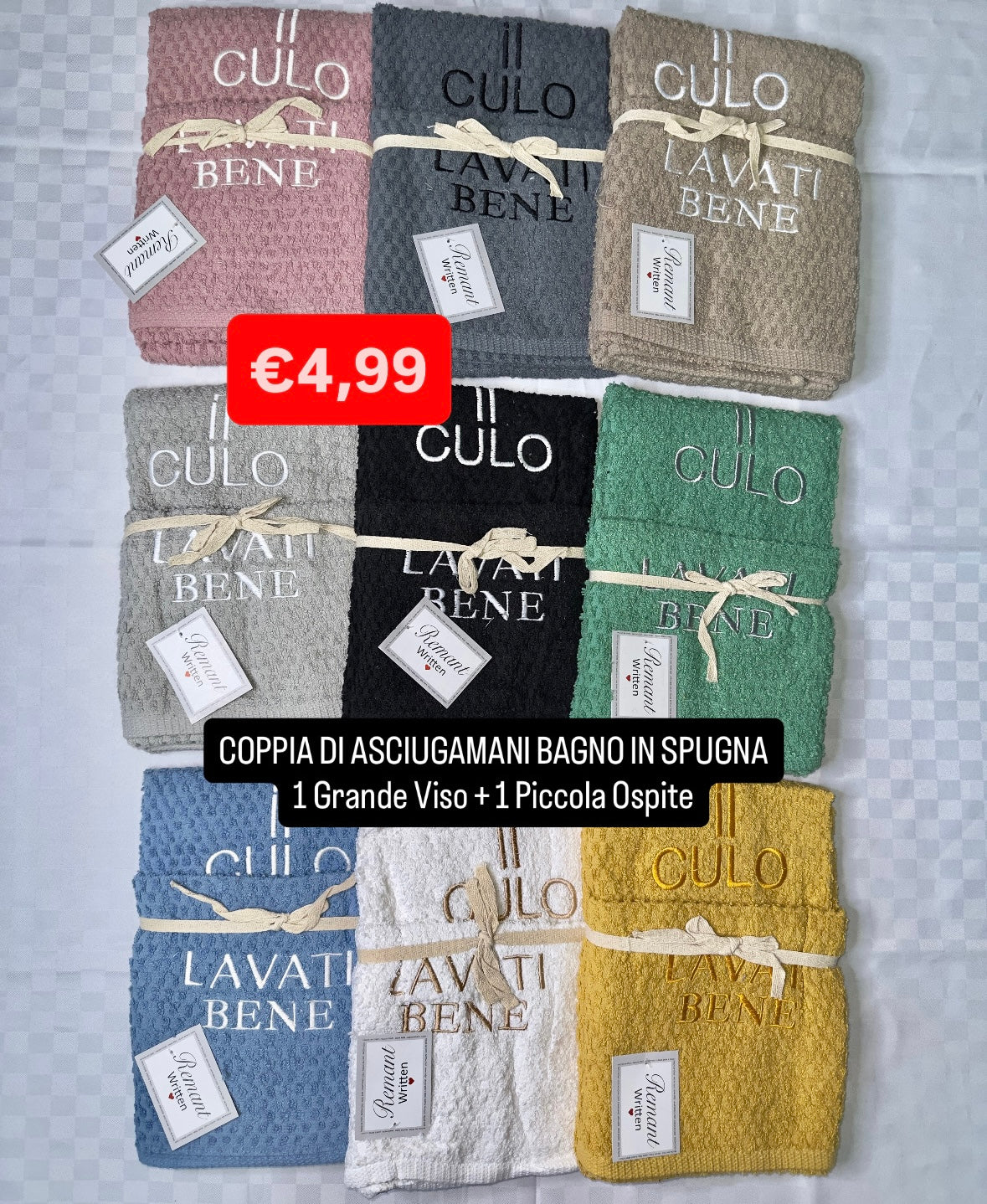 COPPIA ASCIUGAMANI BAGNO IN SPUGNA contiene 1 Grande Viso + 1 Piccola Ospite