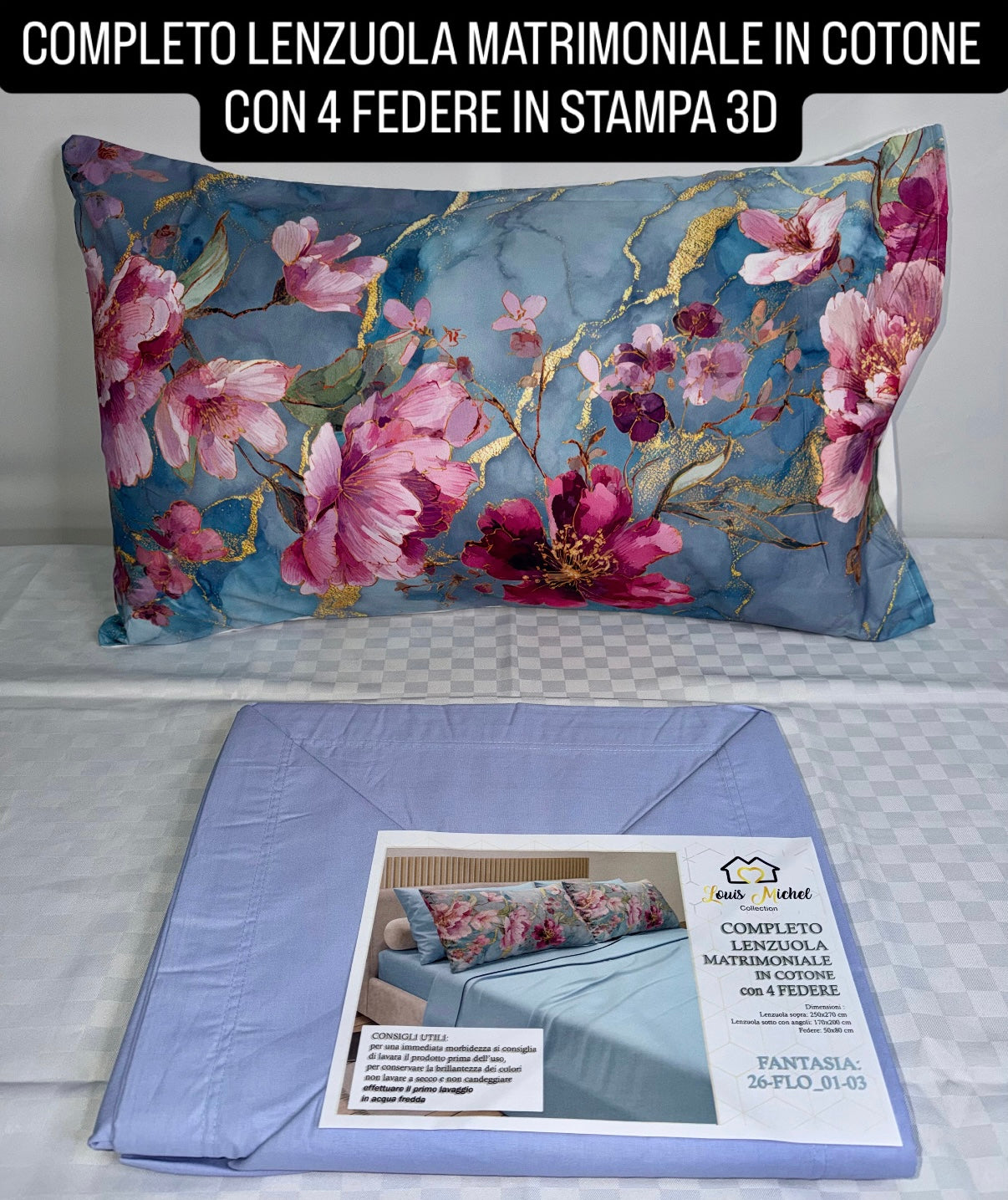 COMPLETO LENZUOLA MATRIMONIALE IN COTONE contiene LENZUOLO SOPRA, LENZUOLO SOTTO E 4 FEDERE IN STAMPA 3D