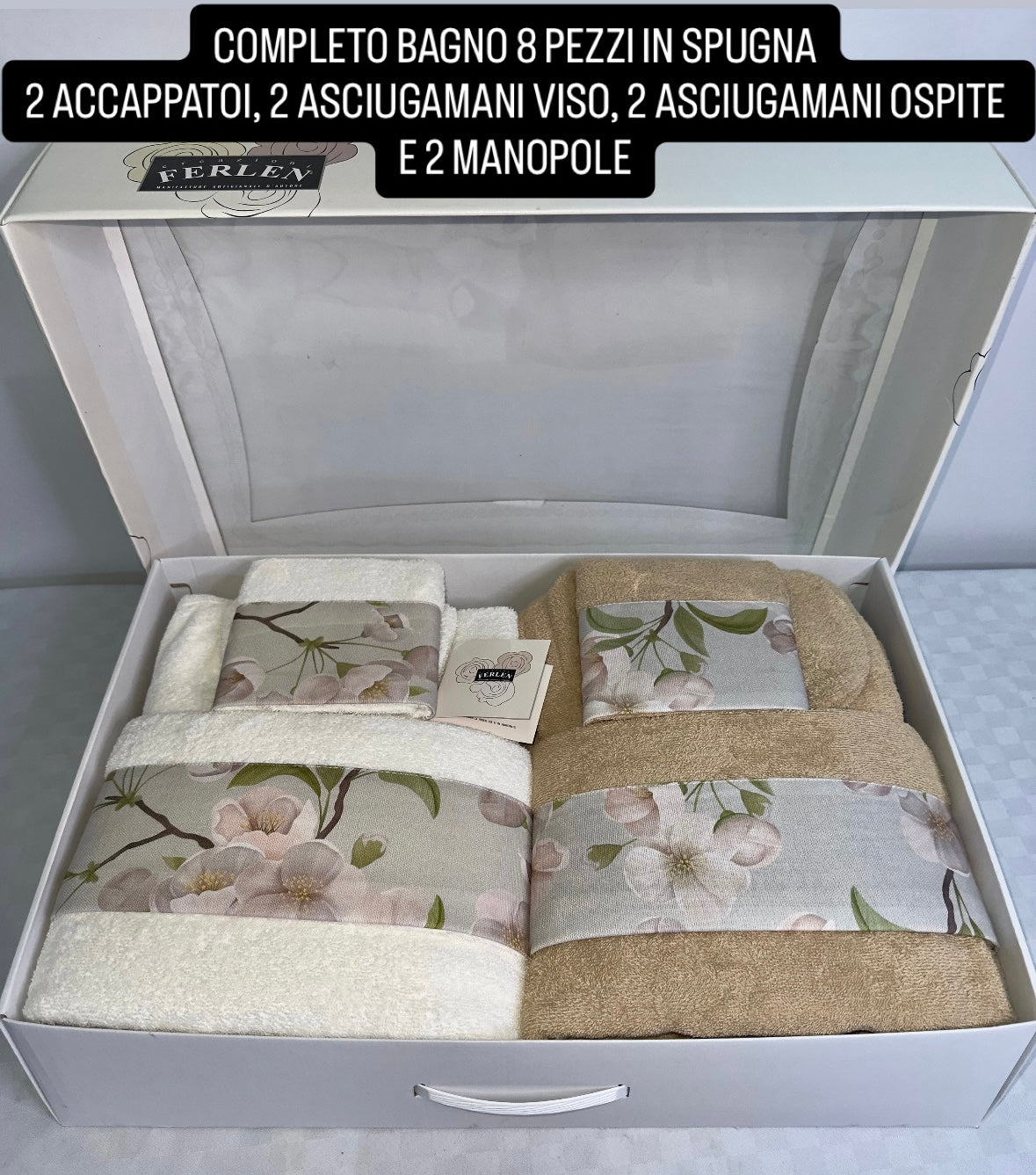 COMPLETO BAGNO 8 PEZZI LUI E LEI IN SPUGNA  2 ACCAPPATOI , 2 ASCIUGAMANI VISO, 2 ASCIUGAMANI OSPITE E 2 MANOPOLE