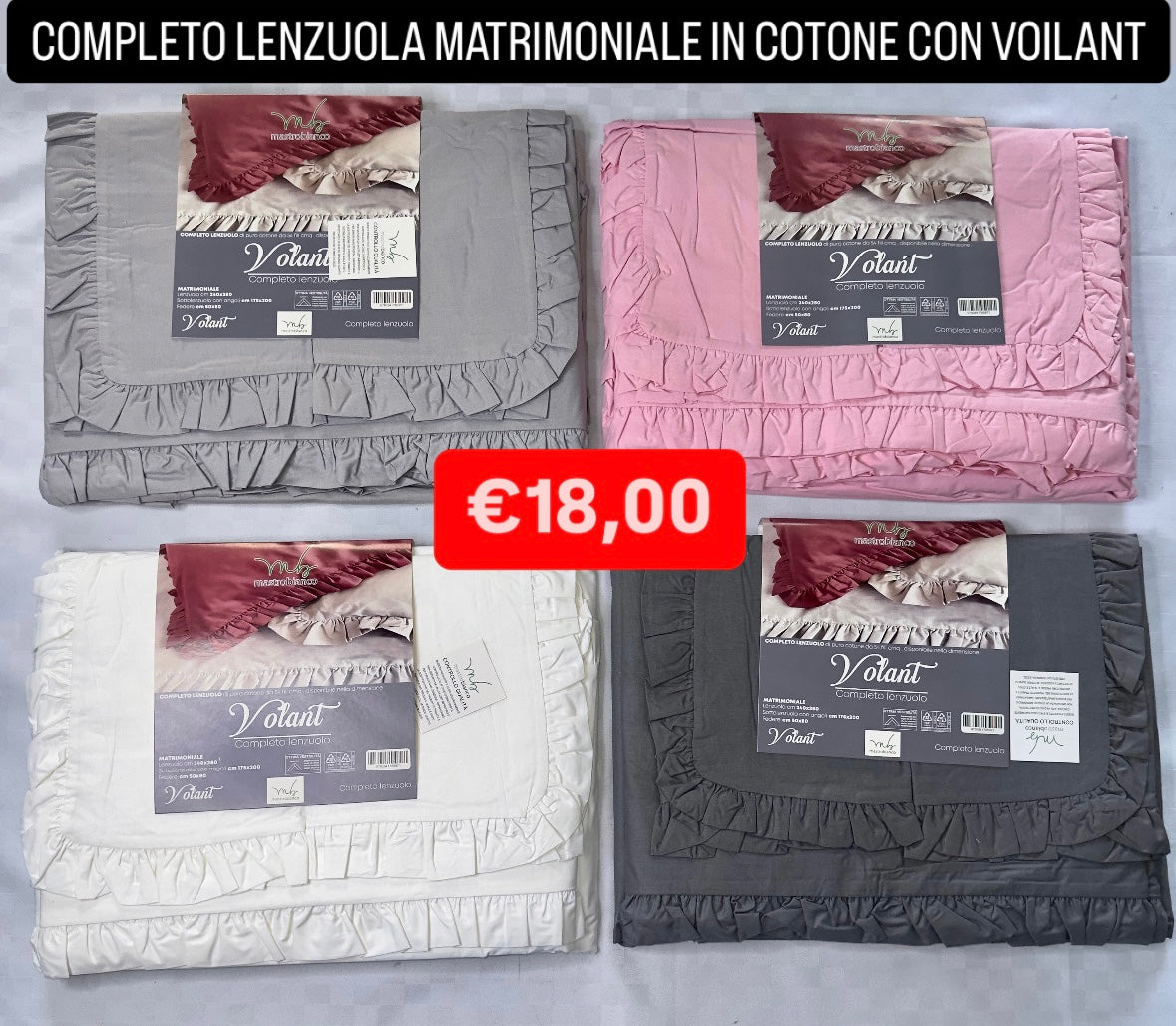 COMPLETO LENZUOLA MATRIMONIALE CON VOILANT IN COTONE Lenzuolo sopra, Lenzuolo sotto con angoli e Due Federe