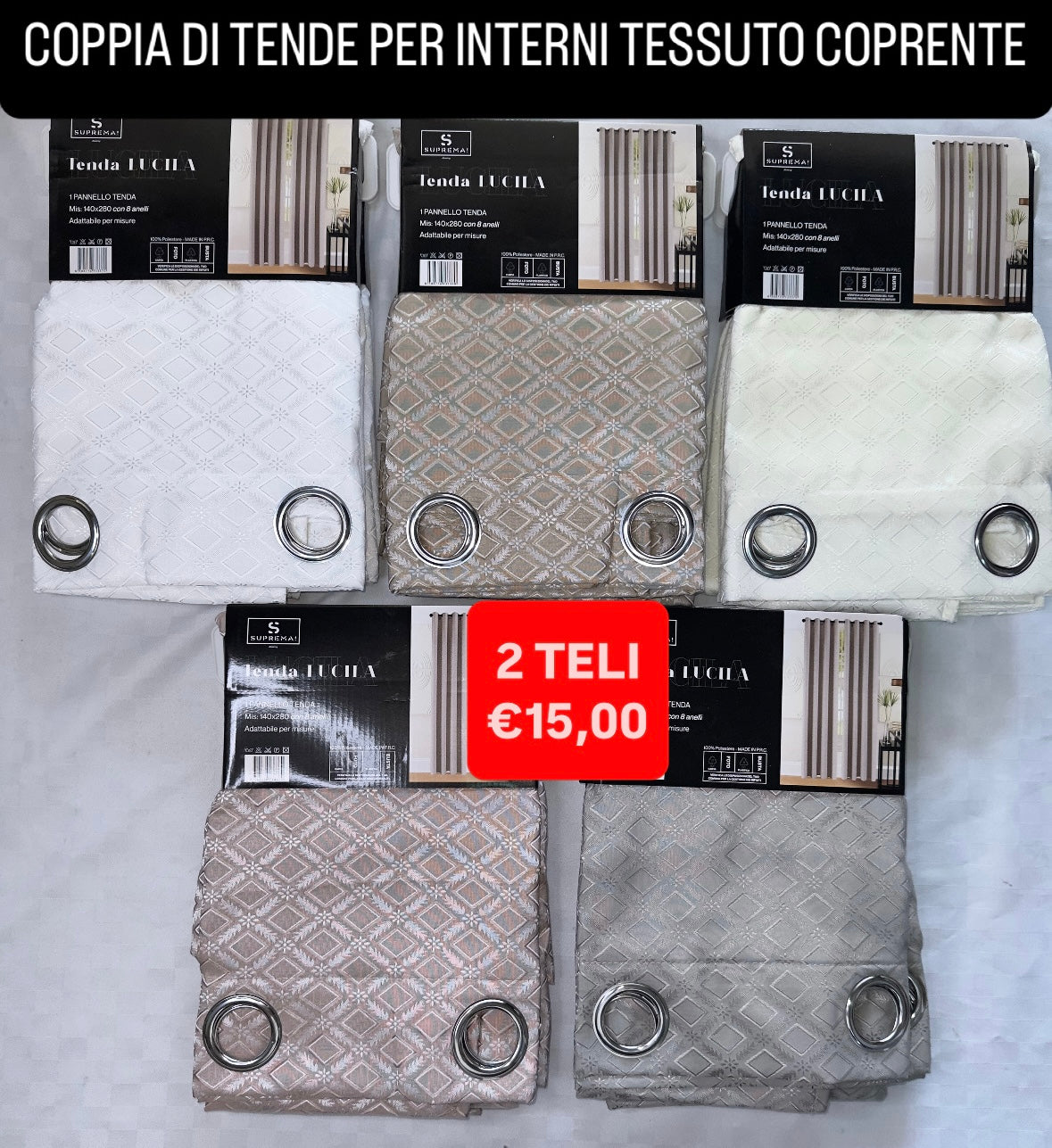 COPPIA DI TENDE PER INTERNI TESSUTO COPRENTE CONFEZIONE DA 2 TELI (OGNI TELO MISURA 140x280cm)art. Lucila