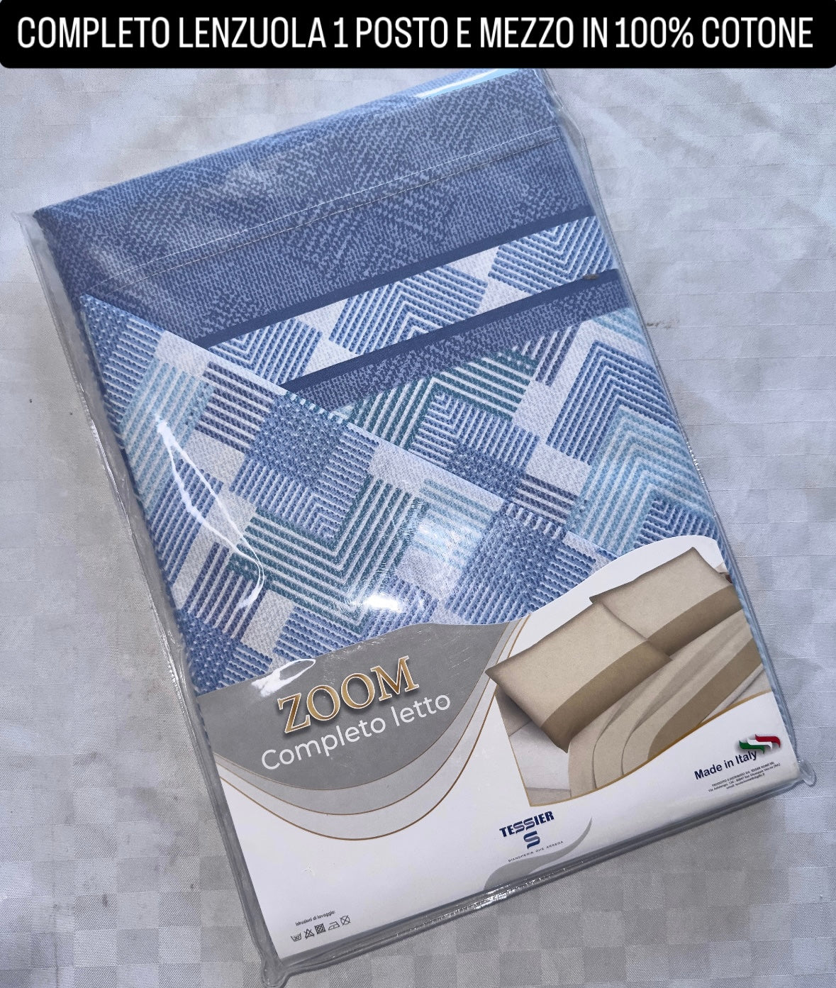 COMPLETO LENZUOLA 1 POSTO E MEZZO IN 100% COTONE Lenzuolo sopra, Lenzuolo sotto con angoli e Federe