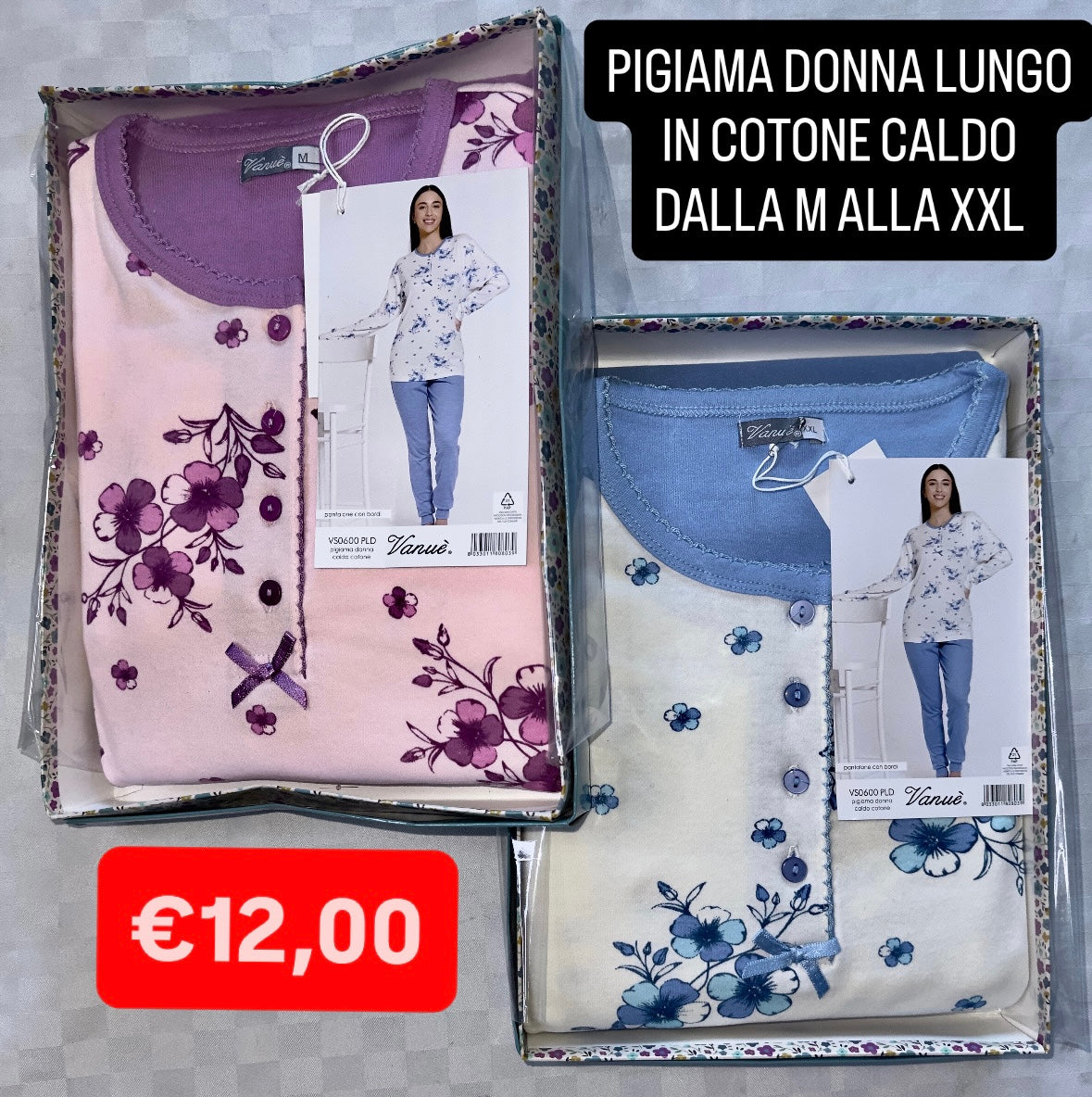 PIGIAMA DONNA IN COTONE CALDO MANICA LUNGA E PANTALONE LUNGO