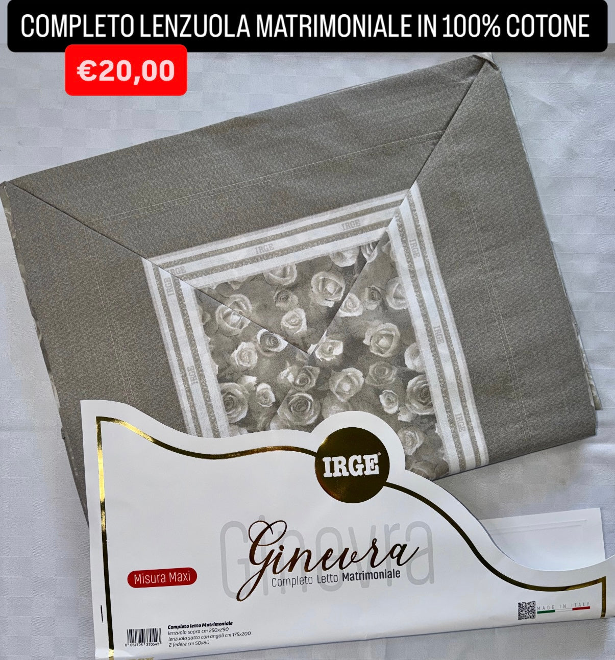 COMPLETO LENZUOLA MATRIMONIALE IN 100% COTONE , contiene Lenzuolo sopra, Lenzuolo sotto con angoli e due Federe