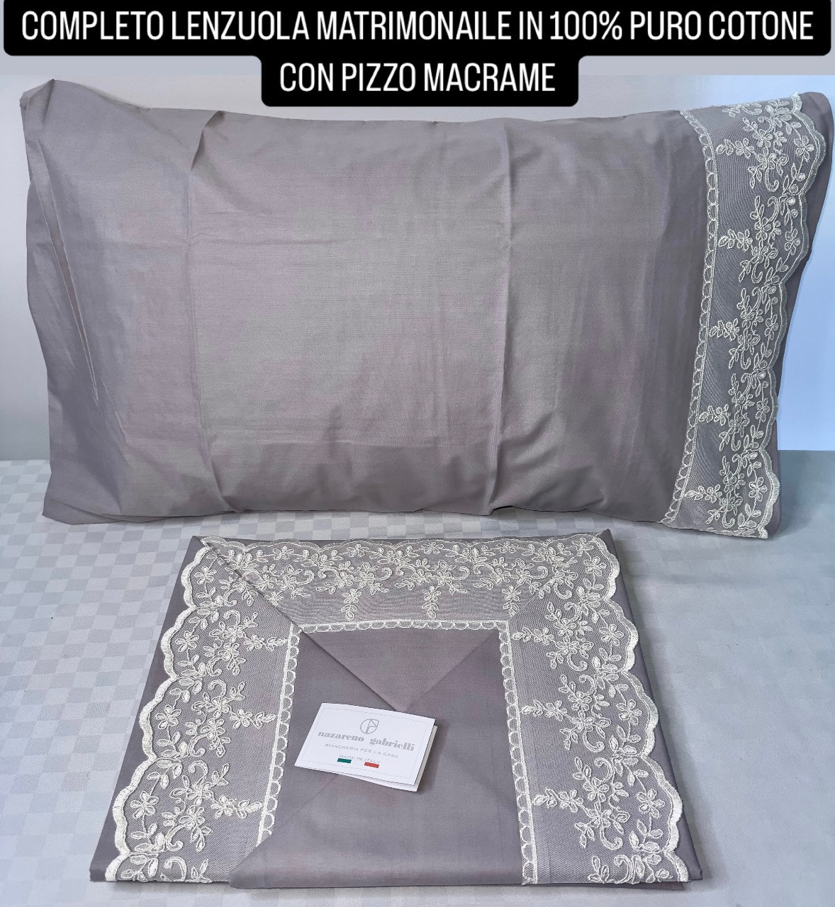 COMPLETO LENZUOLA MATRIMONIALE IN 100% PURO COTONE CON PIZZO MACRAME (Lenzuolo sopra,Lenzuolo sotto con angoli e due federe)