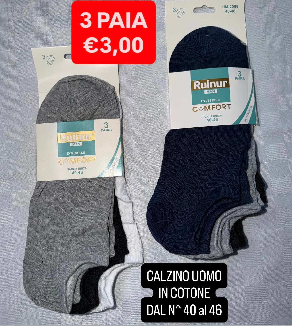 CALZINO UOMO CORTO IN COTONE CONFEZIONE DA 3 PAIA dal numero 40 al 46  (COLORE CASUALE)