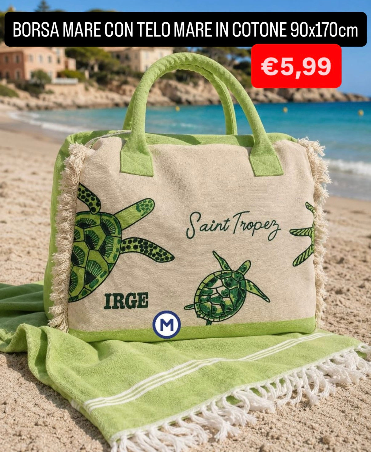 BORSA MARE CON TELO MARE IN COTONE misura 90x170cm