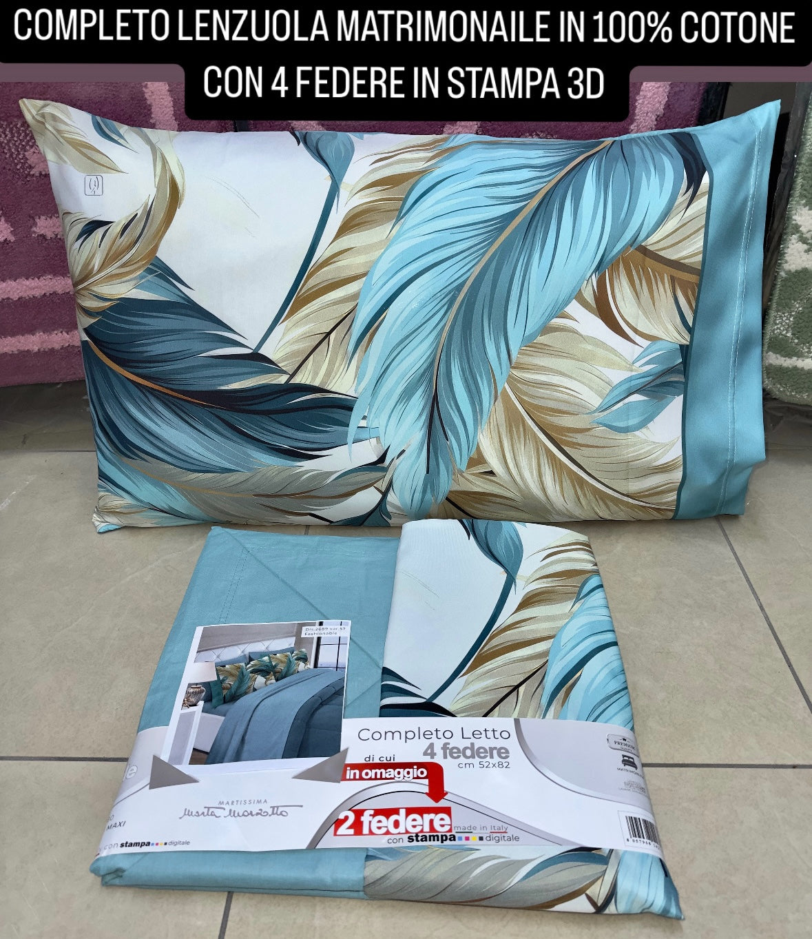 COMPLETO LENZUOLA MATRIMONIALE IN COTONE, LENZUOLO SOPRA, LENZUOLO SOTTO E 4 FEDERE IN STAMPA 3D
