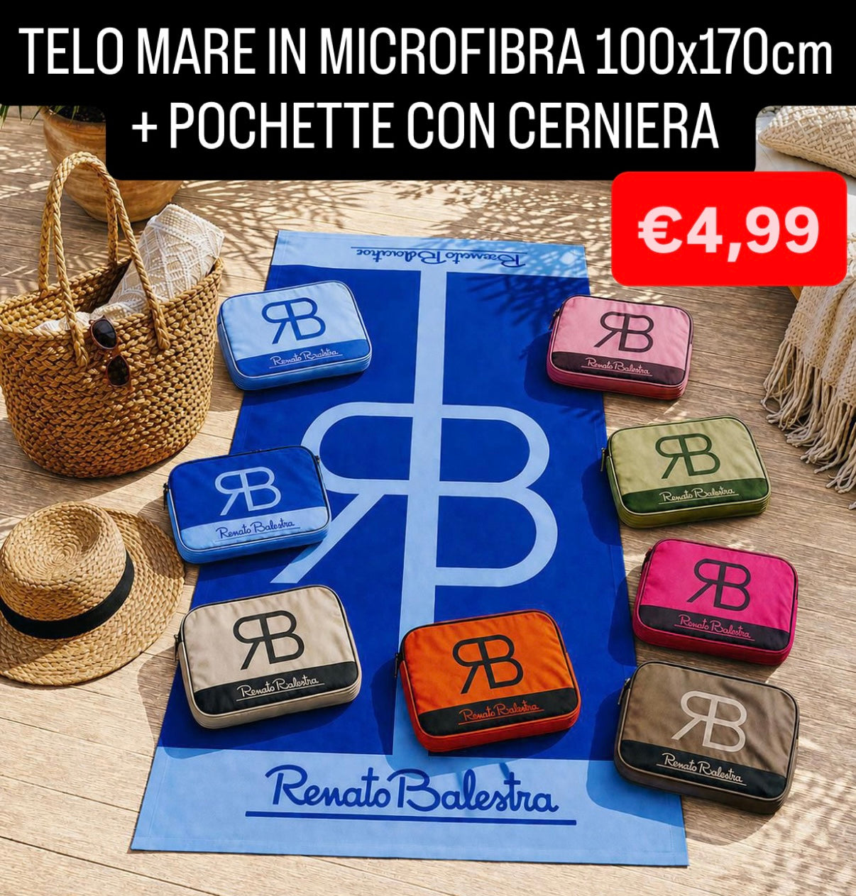 TELO MARE IN MICROFIBRA misura 100x170cm COMPRESA DI POCHETTE CON CERNIERA
