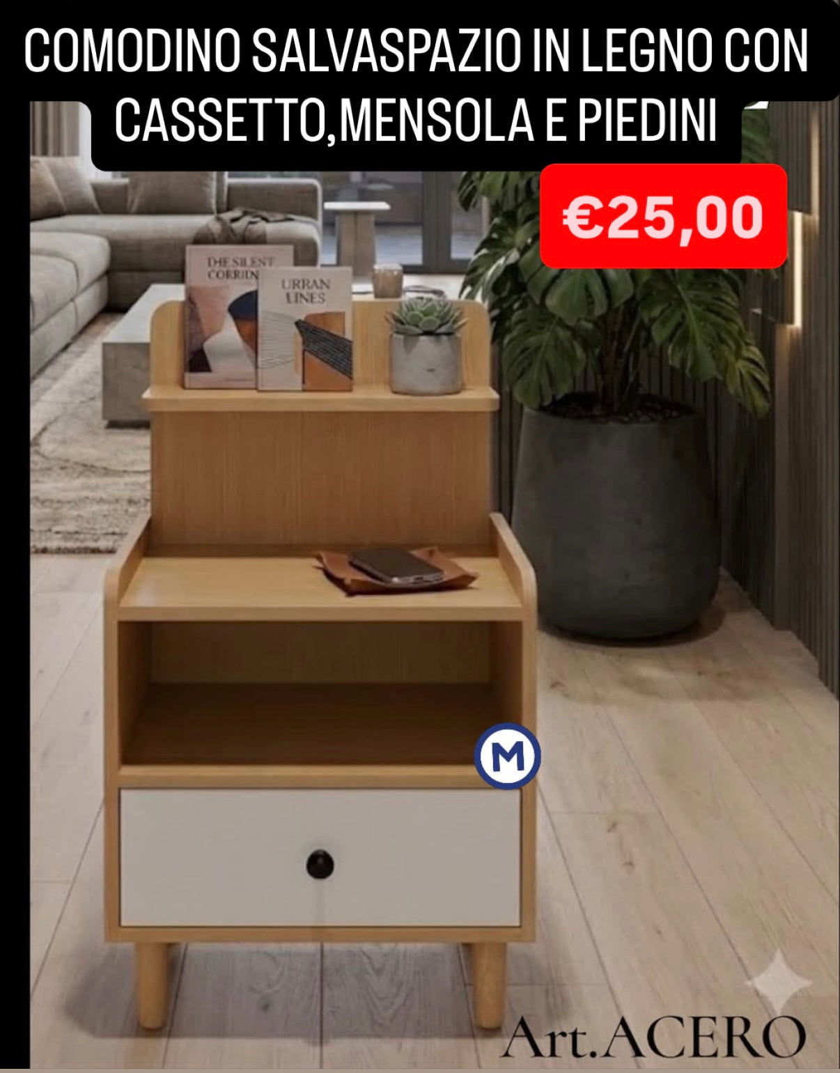 COMODINO SALVASPAZIO IN LEGNO CON CASSETTO,MENSOLA E PIEDINI misura 50x41cm