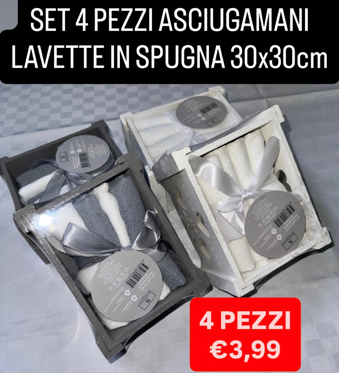 SET 4 PEZZI DI LAVETTE BAGNO 30x30cm IN CONFEZIONE DI LEGNO