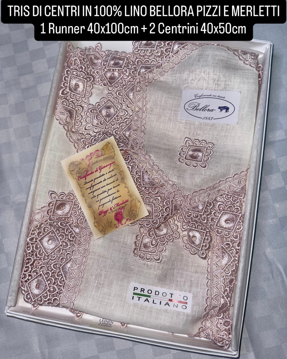 TRIS DI CENTRI IN 100% LINO BELLORA PIZZI E MERLETTI 1 Runner 40x100cm + 2 Centrini 40x50cm