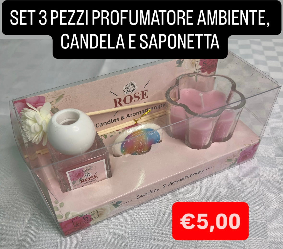 SET 3PEZZI  PROFUMATORE AMBIENTE,CANDELA E SAPONETTA