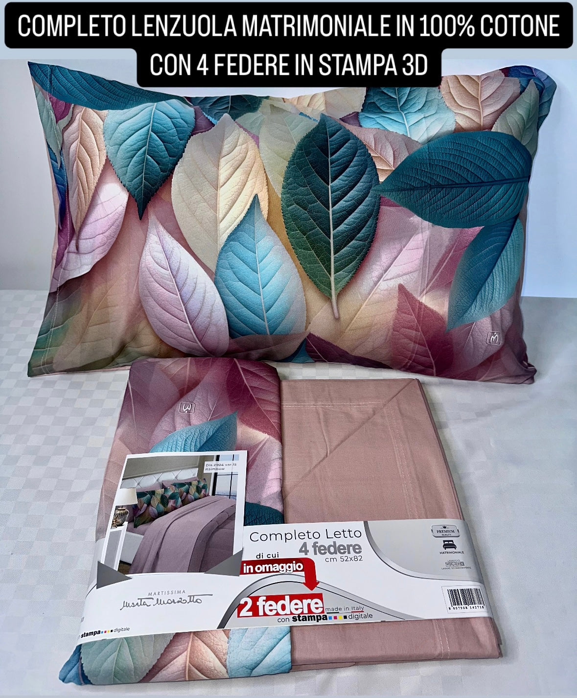 COMPLETO LENZUOLA MATRIMONIALE IN COTONE, LENZUOLO SOPRA, LENZUOLO SOTTO E 4 FEDERE IN STAMPA 3D.