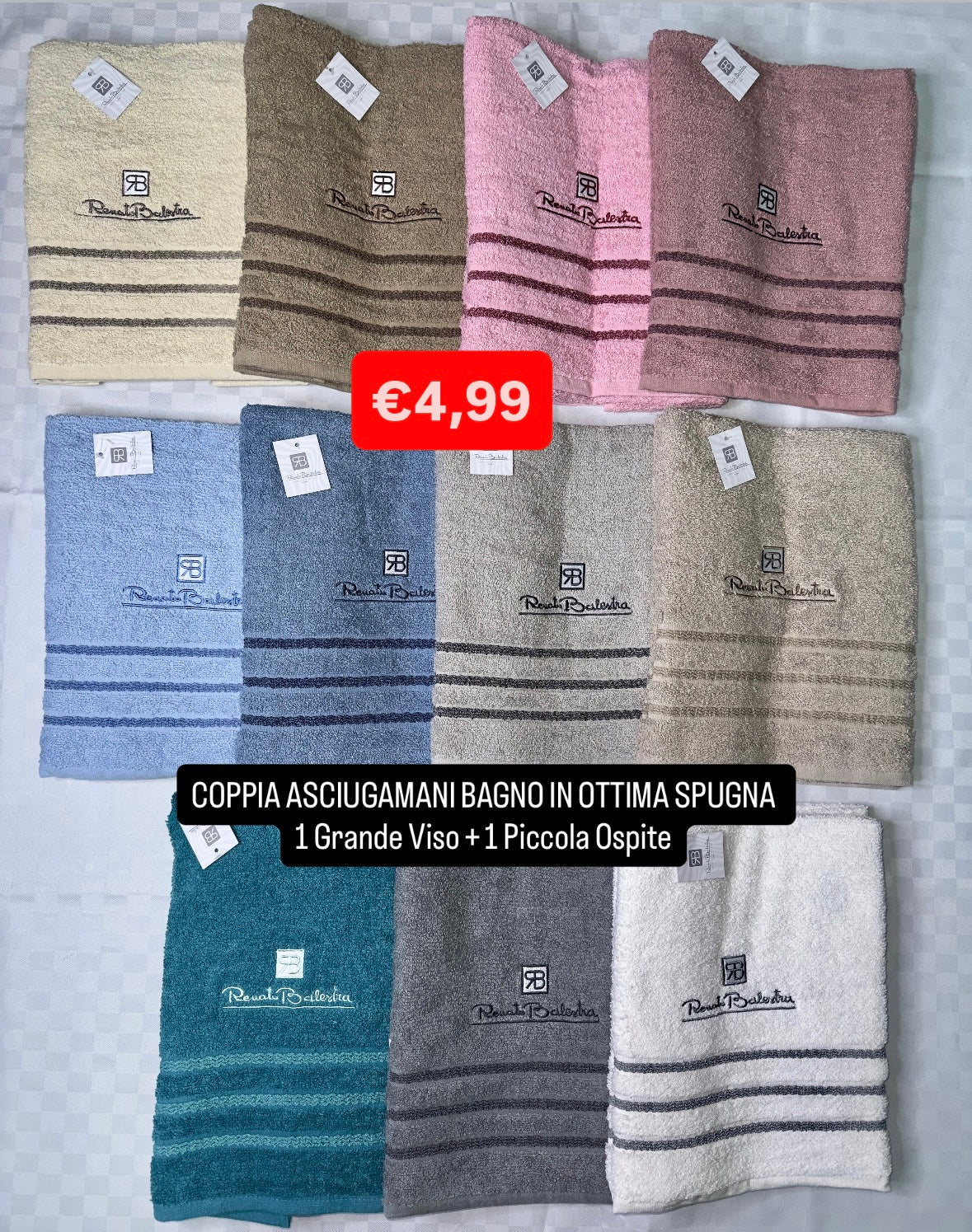 COPPIA DI ASCIUGAMANI IN OTTIMA SPUGNA 1 Grande Viso + 1 Piccola Ospite Renato Balestra