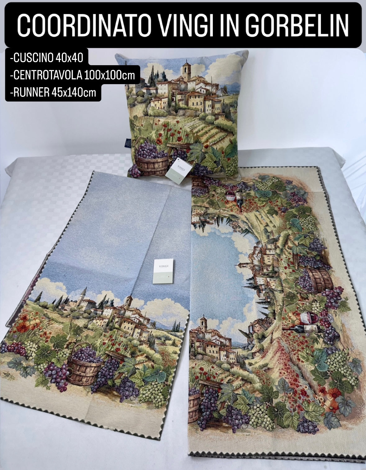 COORDINATO VINGI IN GORBELIN Cuscino 40x40cm, Centrotavola 100x100cm e Runner 45x140cm