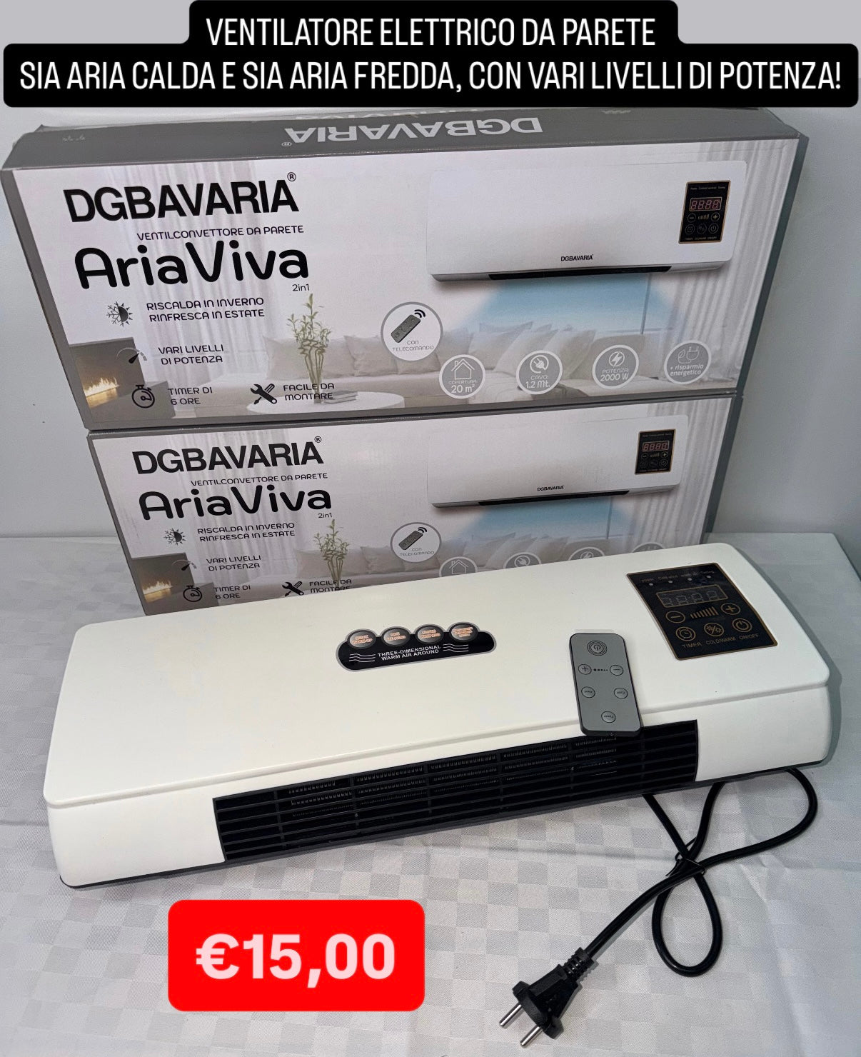 VENTILATORE ELETTRICO DA PARETE SIA ARIA CALDA E SIA ARIA FREDDA, VARI LIVELLI DI POTENZA CON TELECOMANDO
