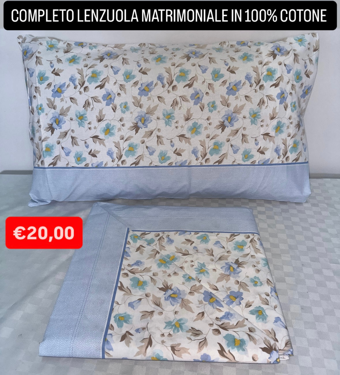 COMPLETO LENZUOLA MATRIMONIALE IN 100% COTONE Lenzuolo sopra, Lenzuolo sotto con angoli e due Federe