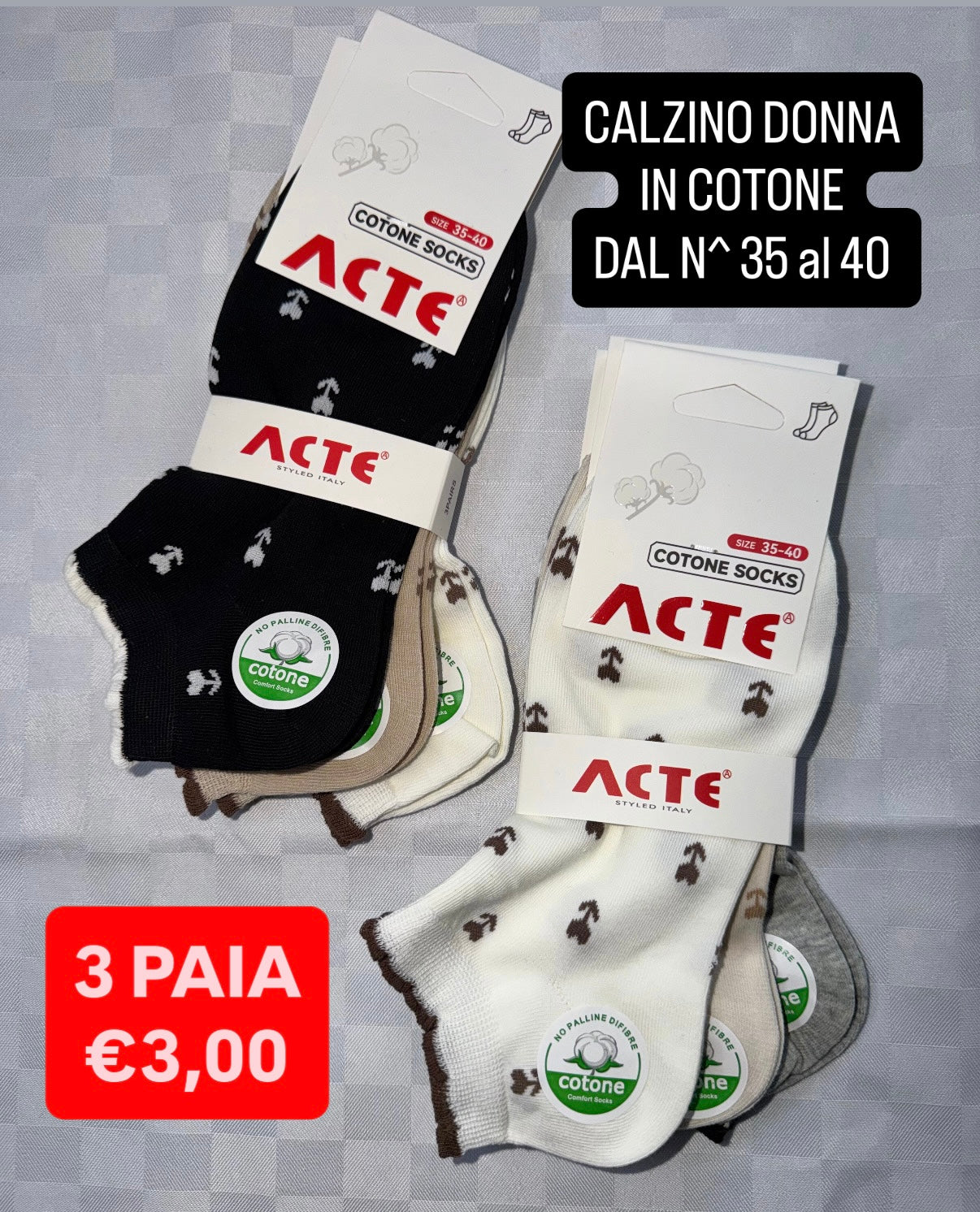 CALZINO DONNA IN COTONE CORTO Dal Numero 35 al 40,CONFEZIONE DA 3 PAIA (COLORE CASUALE)