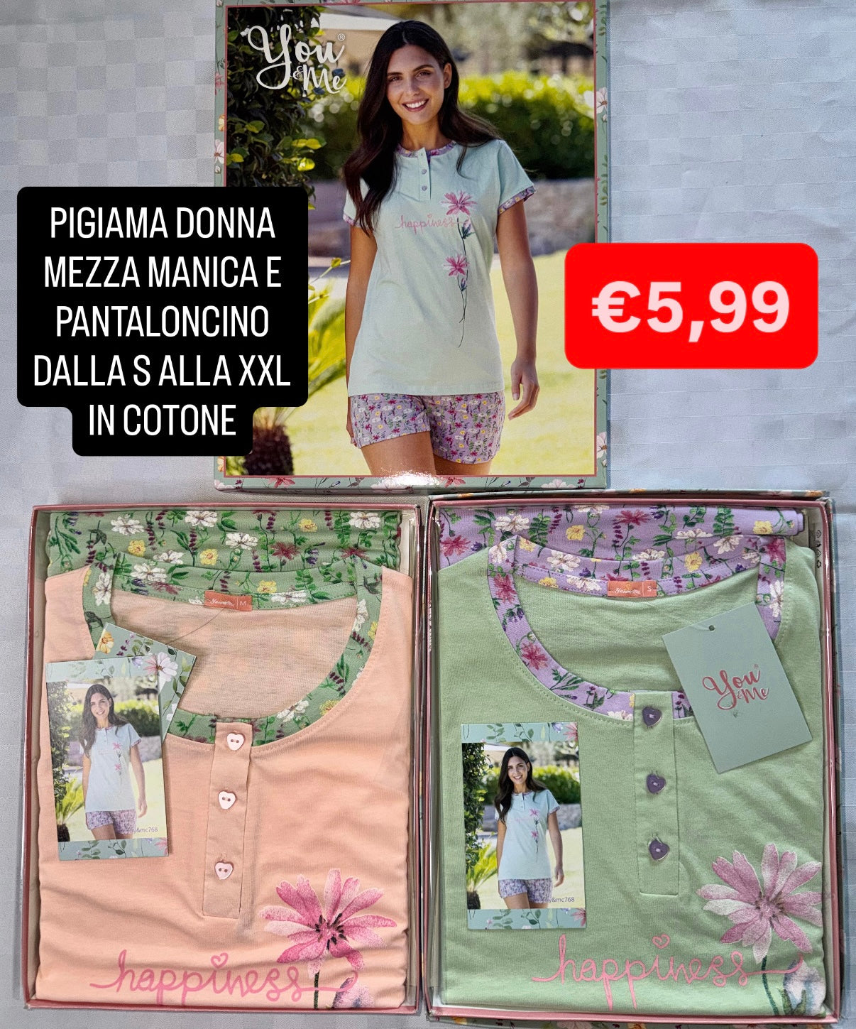 PIGIAMA DONNA Mezza manica e Pantaloncino in 100% cotone