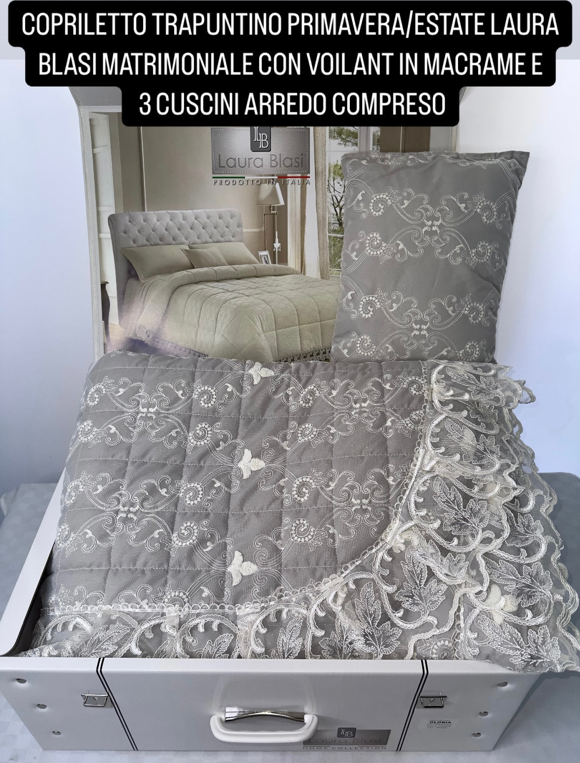 COPRILETTO TRAPUNTINO PRIMAVERA/ESTATE LAURA BLASI MATRIMONIALE CON VOILANT IN MACRAME E 3 CUSCINI ARREDO COMPRESI