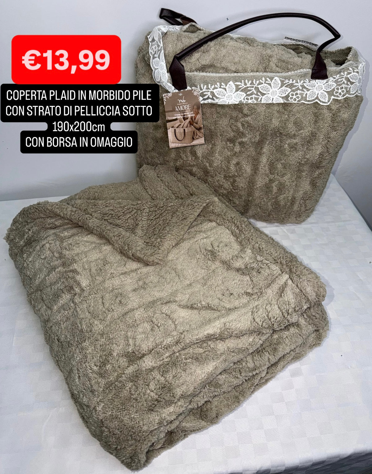 COPERTA PLAID IN MORBIDO PILE CON STRATO DI PELLICCIA SOTTO misura 190x200cm (COMPRESA DI BORSA IN OMAGGIO)