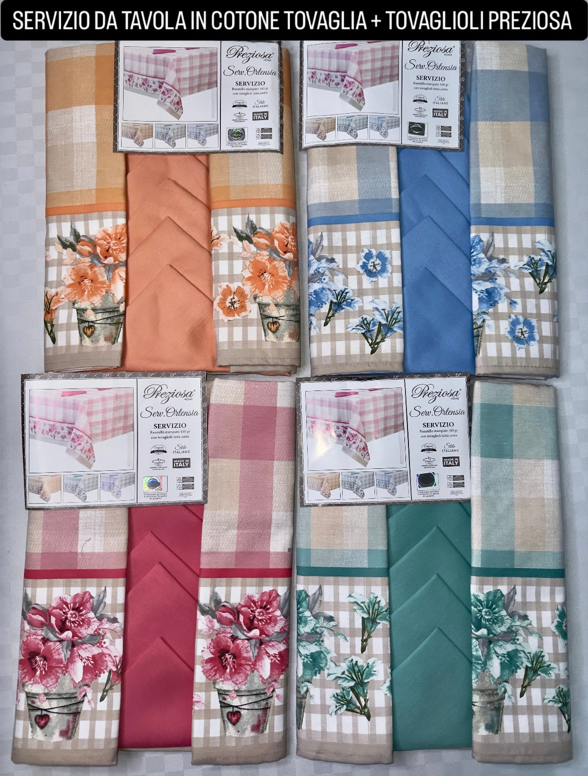 SERVIZIO DA TAVOLA IN COTONE (TOVAGLIA + TOVAGLIOLI) Preziosa X6 Persone (140x180cm) e X12 Persone (140x240cm)