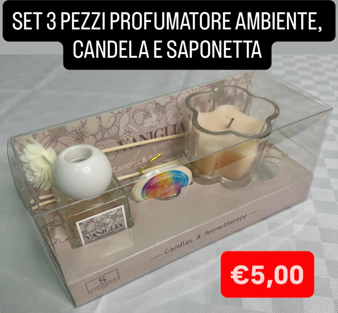 SET 3PEZZI  PROFUMATORE AMBIENTE,CANDELA E SAPONETTA