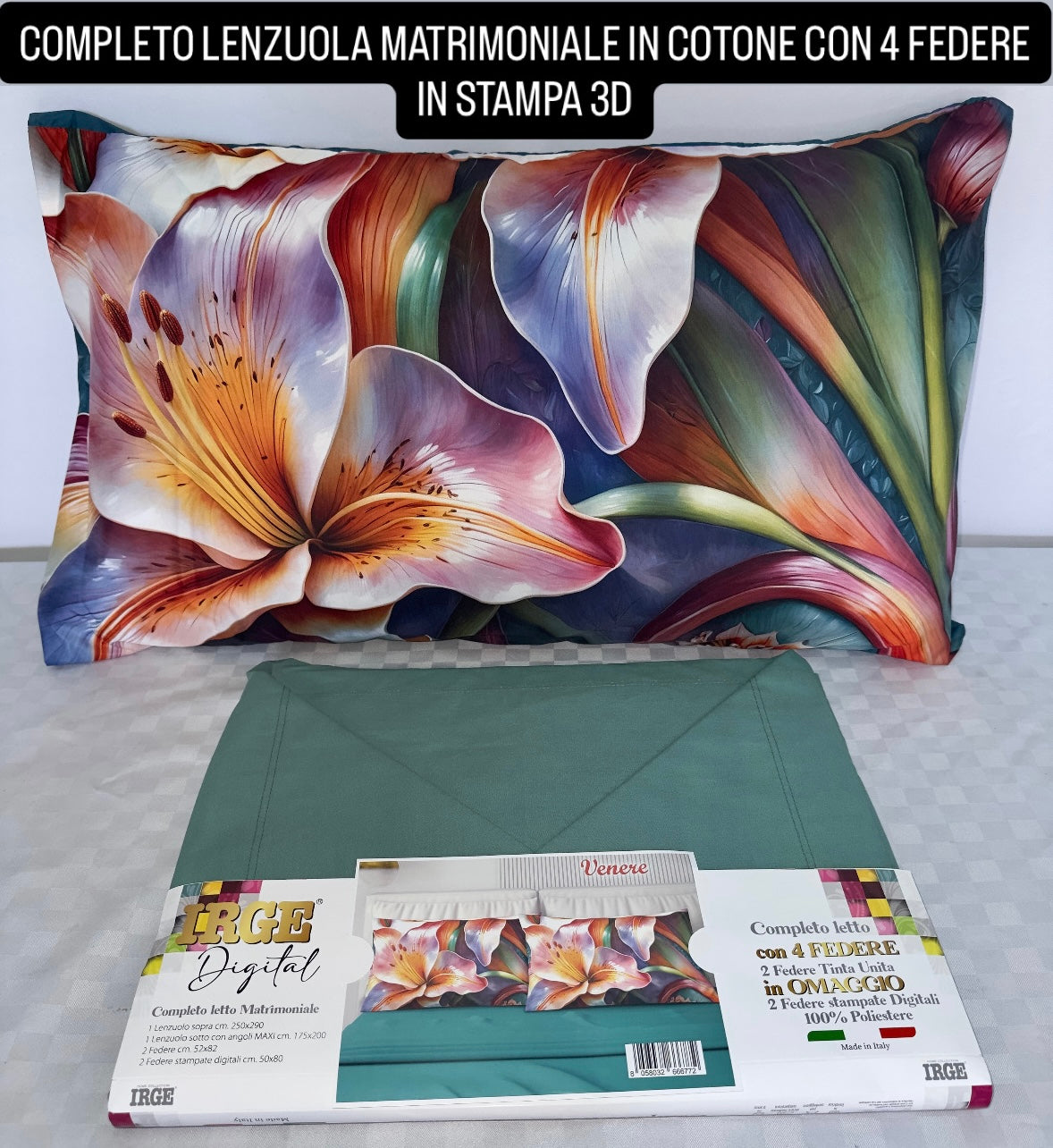 COMPLETO LENZUOLA MATRIMONIALE IN COTONE, LENZUOLO SOPRA, LENZUOLO SOTTO E 4 FEDERE IN STAMPA 3D.