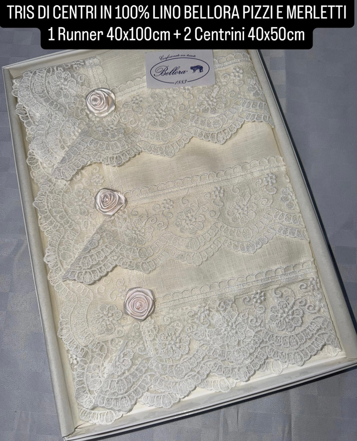 TRIS DI CENTRI IN 100% LINO BELLORA PIZZI E MERLETTI contiene 1 Runner 40x100cm + 2 Centrini 40x50cm
