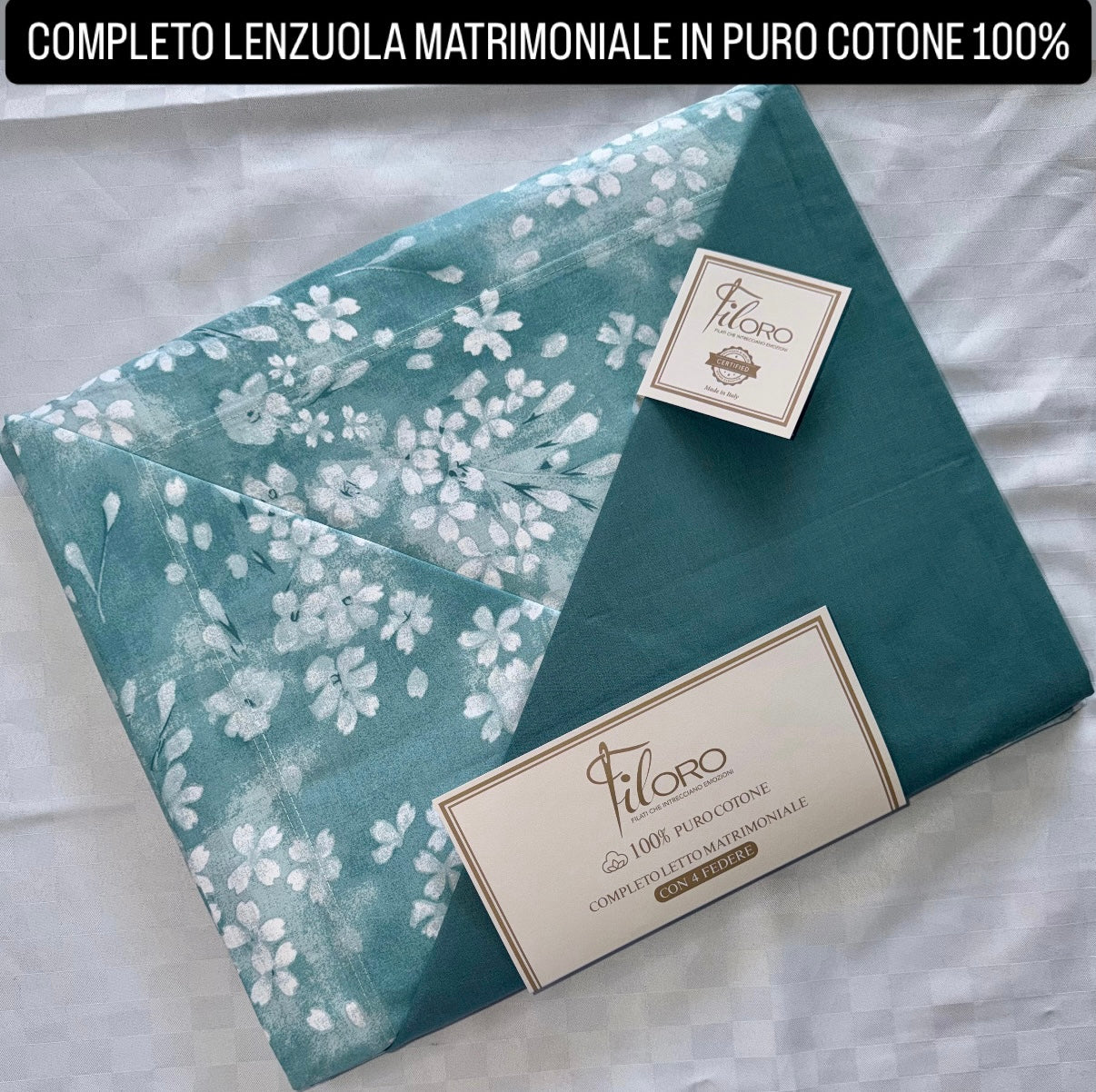 COMPLETO LENZUOLA MATRIMONIALE IN 100% PURO COTONE CON 4 FEDERE , contiene Lenzuolo sopra, Lenzuolo sotto con angoli e quattro Federe