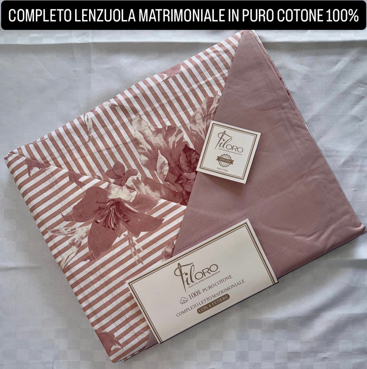 COMPLETO LENZUOLA MATRIMONIALE IN 100% PURO COTONE CON 4 FEDERE , contiene Lenzuolo sopra, Lenzuolo sotto con angoli e quattro Federe