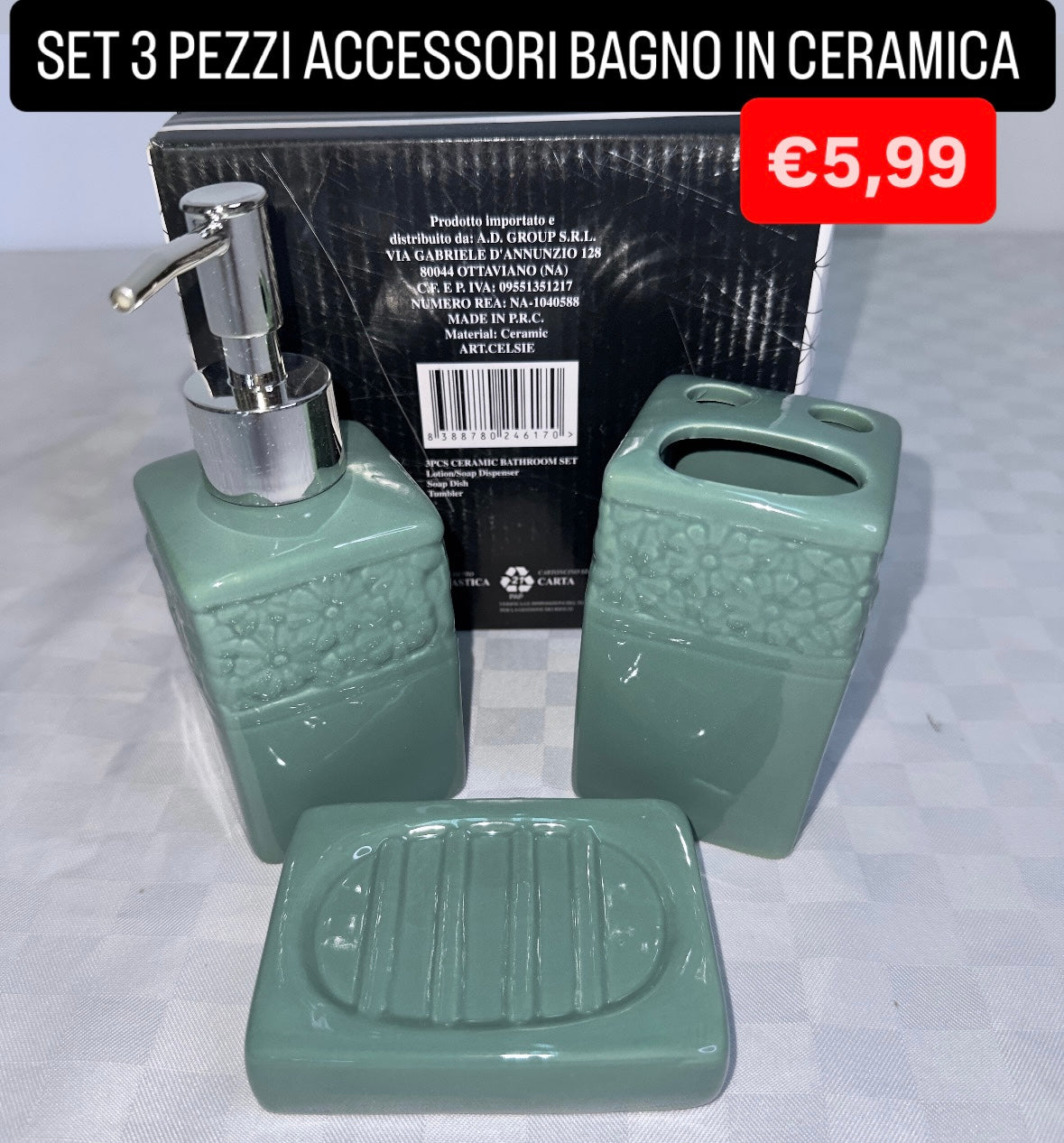 SET BAGNO IN CERAMICA 3 PEZZI: Dispenser Sapone, Porta saponetta e Porta Spazzolino