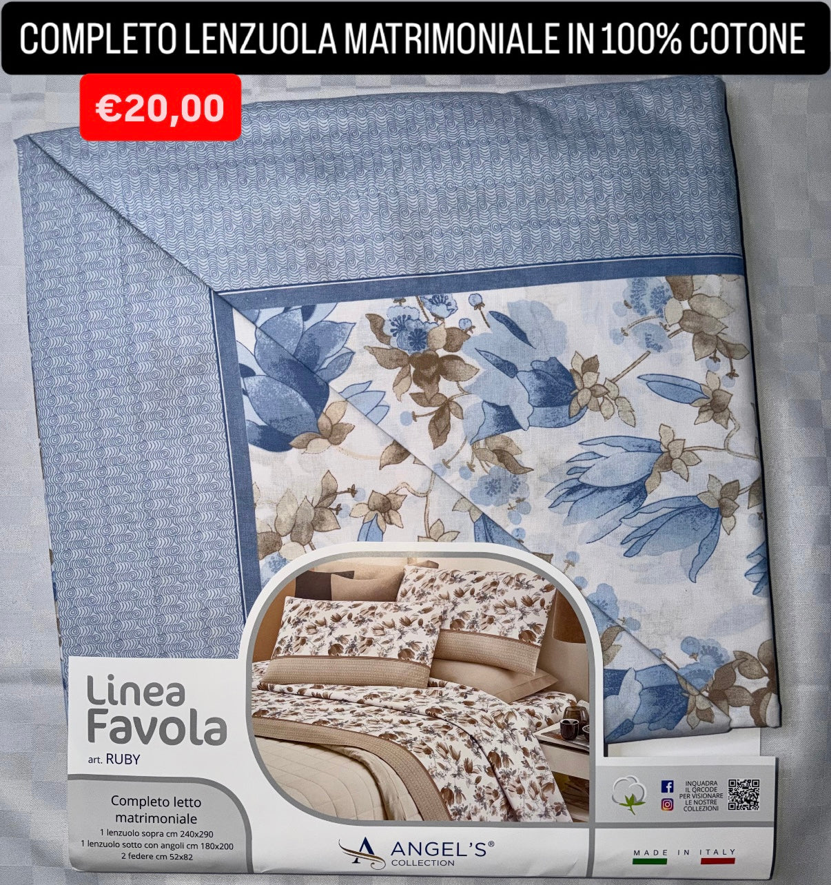 COMPLETO LENZUOLA MATRIMONIALE IN 100% COTONE , contiene Lenzuolo sopra, Lenzuolo sotto con angoli e due Federe